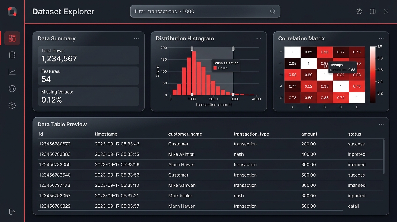 Dataset Explorer desktop UI with real-time distribution histograms, correlation matrix, and data preview