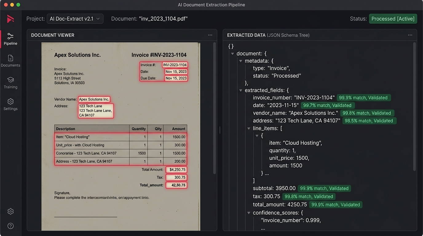 Document Extraction terminal and JSON inspector showing validated document fields and confidence scores